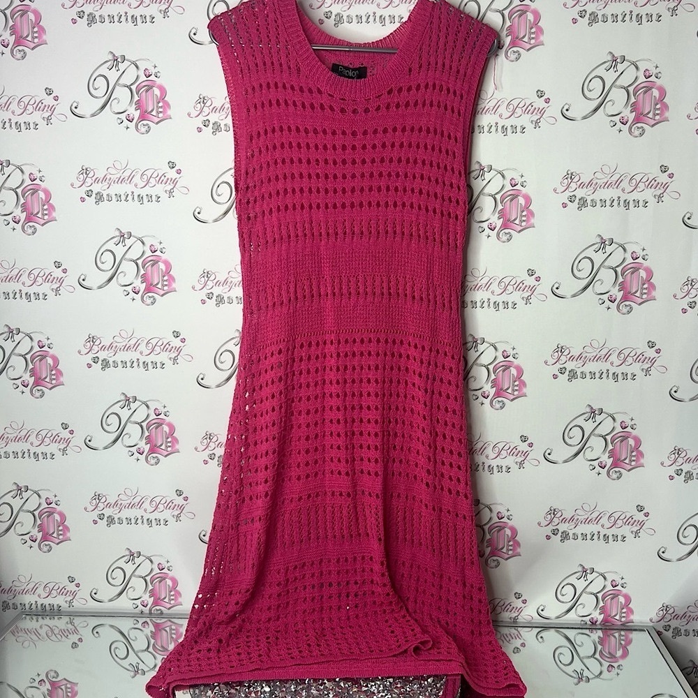 Papillion dress crochet knitted pink bright beach Fuchsia Knit Midi Dress